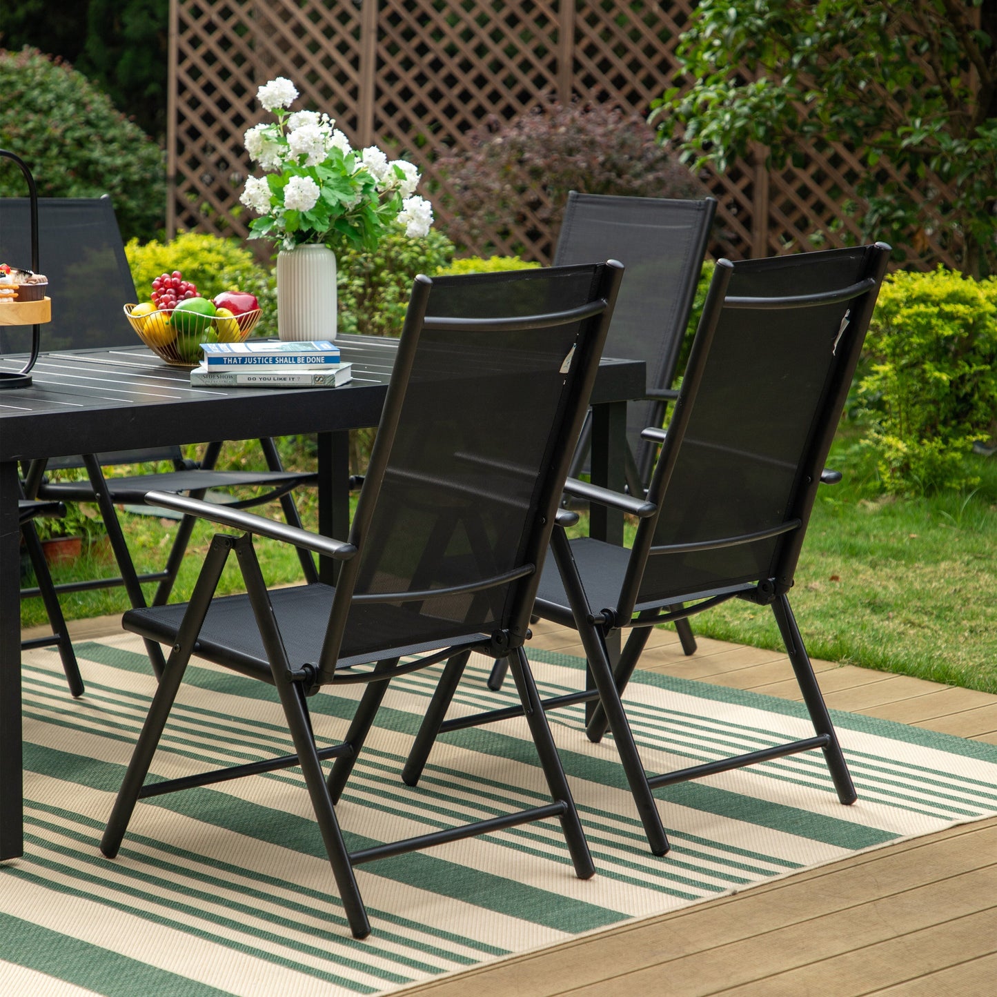 Ensemble de salle à manger d'extérieur 5/7 pièces, chaise pliante inclinable à 7 positions et table en acier avec revêtement électrolytique