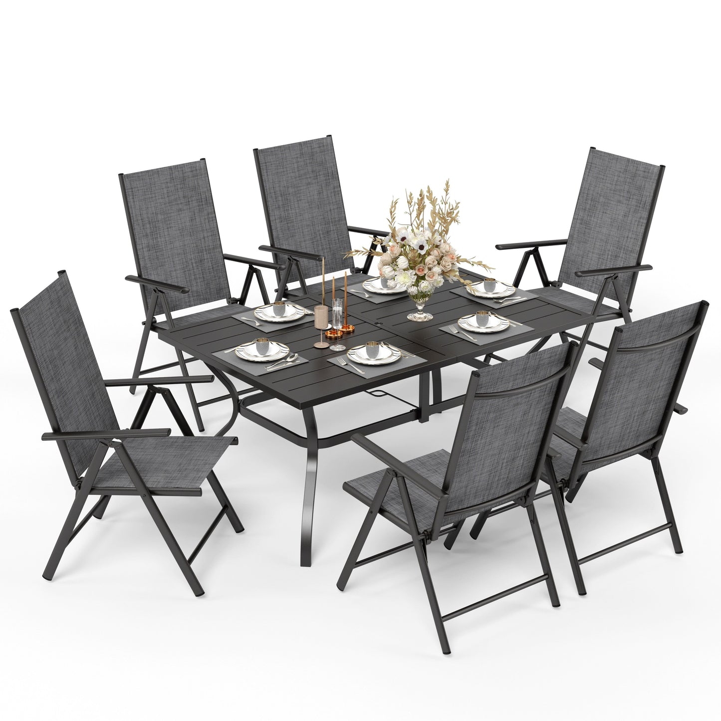 Ensemble de salle à manger d'extérieur 5/7 pièces, chaise pliante inclinable à 7 positions et table en acier avec revêtement électrolytique