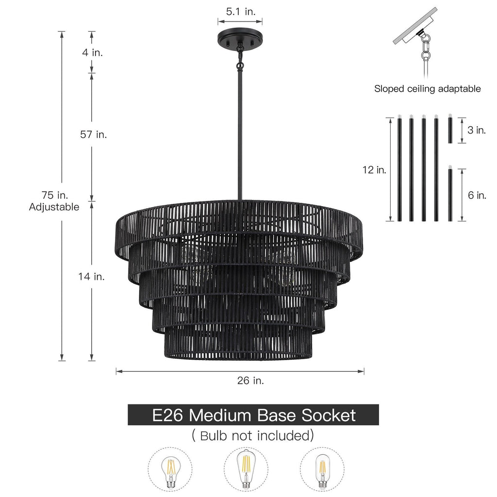 Lustre bohème moderne Piersan à 5 lumières avec abat-jour en rotin à plusieurs niveaux – 26 po de largeur