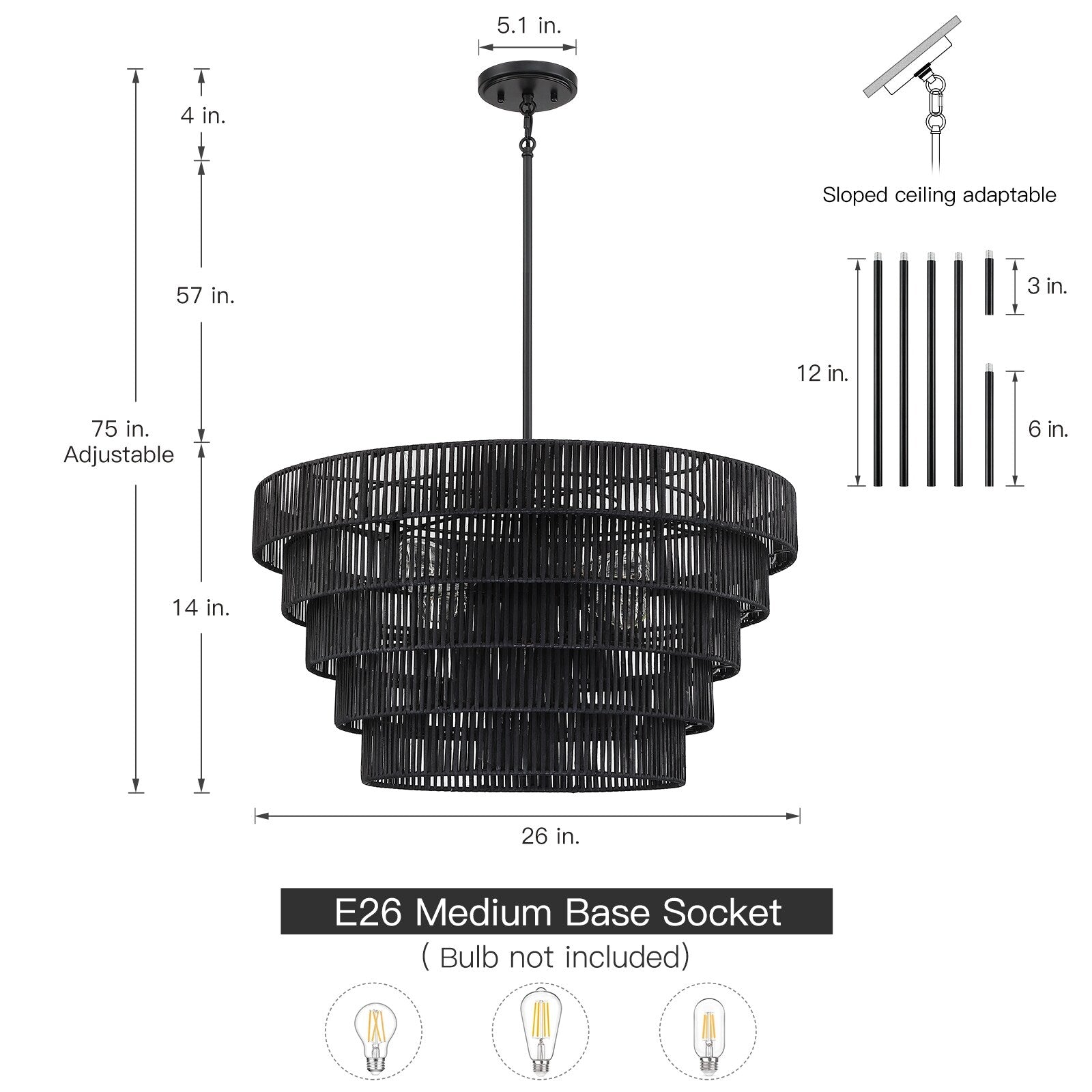 Lustre bohème moderne Piersan à 5 lumières avec abat-jour en rotin à plusieurs niveaux – 26 po de largeur