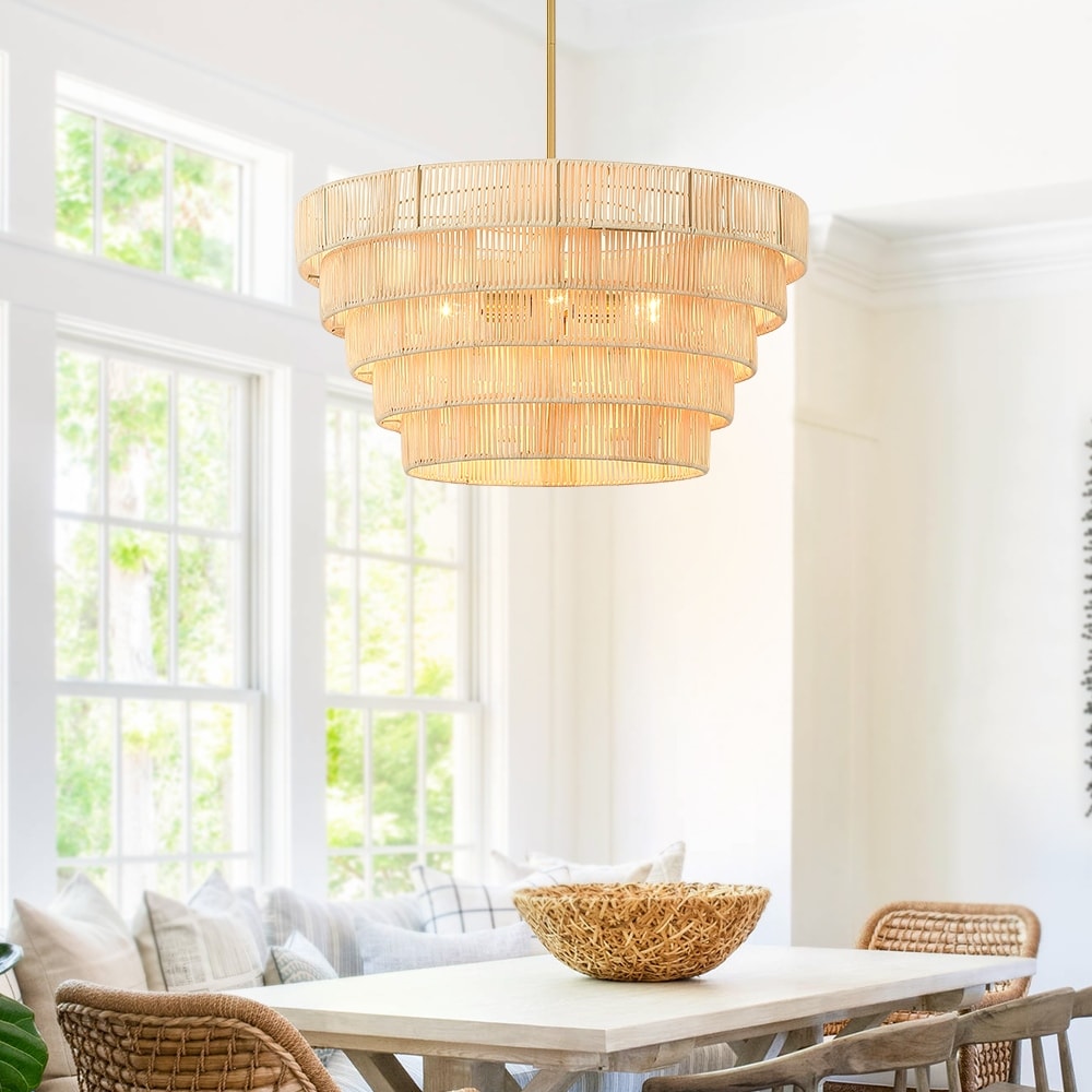 Lustre bohème moderne Piersan à 5 lumières avec abat-jour en rotin à plusieurs niveaux – 26 po de largeur