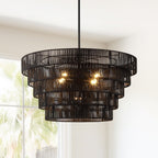 Lustre bohème moderne Piersan à 5 lumières avec abat-jour en rotin à plusieurs niveaux – 26 po de largeur