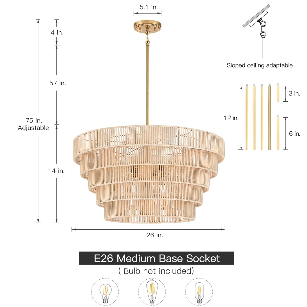 Lustre bohème moderne Piersan à 5 lumières avec abat-jour en rotin à plusieurs niveaux – 26 po de largeur