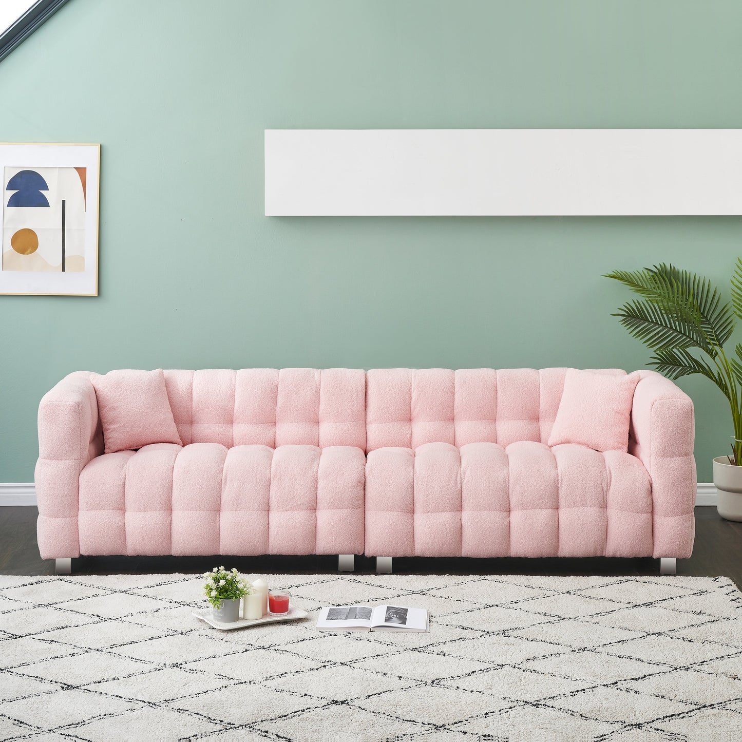 Canapé 4 places rose en polaire Teddy de 259 cm avec coussins décoratifs et pieds en métal
