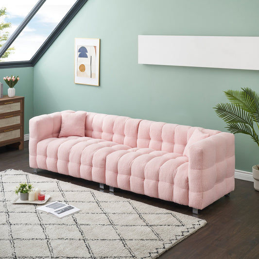 Canapé 4 places rose en polaire Teddy de 259 cm avec coussins décoratifs et pieds en métal
