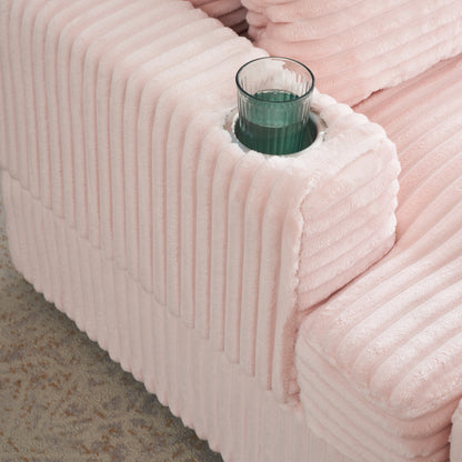 Fauteuil-canapé simple rembourré en velours côtelé rose 39,37 po avec pouf et porte-gobelet pour le salon