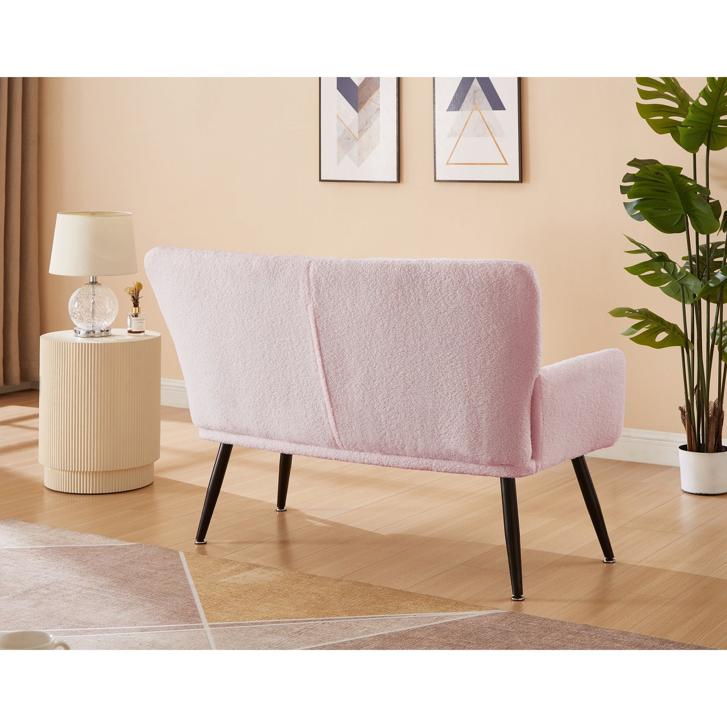 Canapé causeuse Teddy rose 52 avec dossiers matelassés et cadre en bois dur pour le salon.