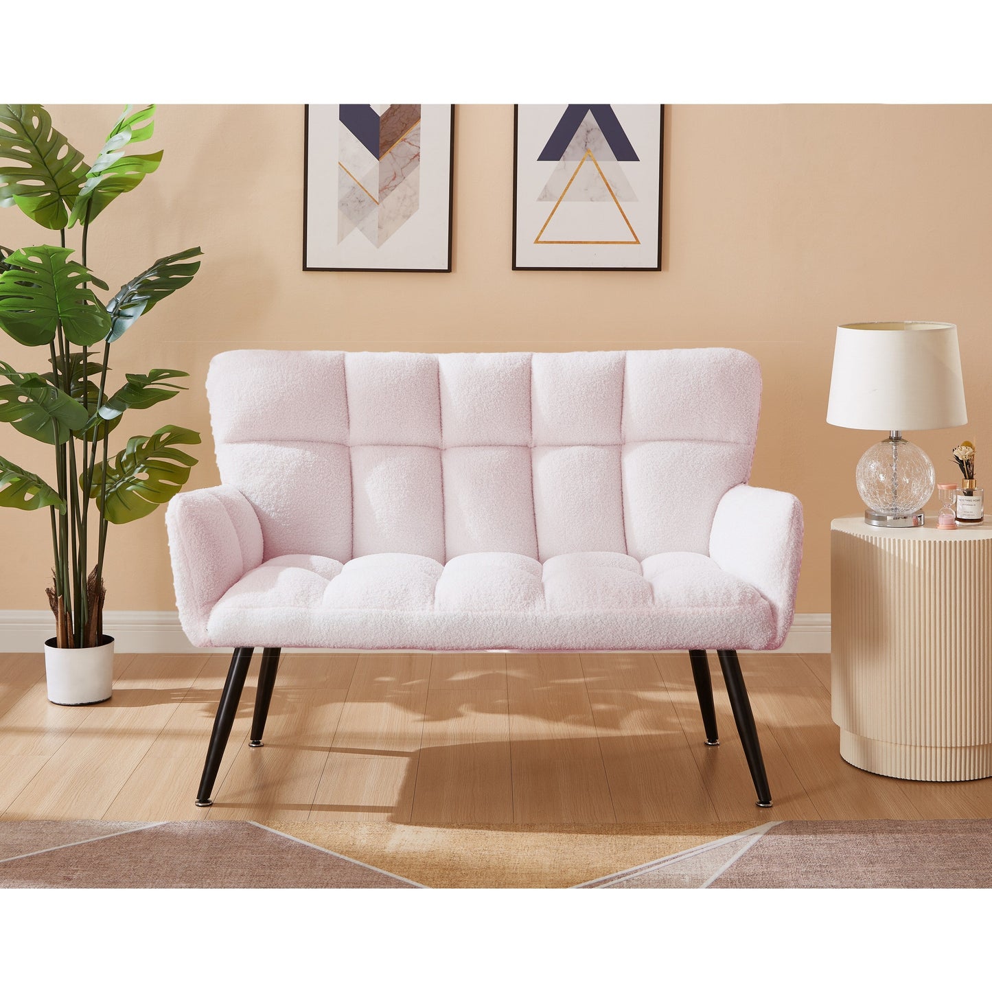 Canapé causeuse Teddy rose 52 avec dossiers matelassés et cadre en bois dur pour le salon.