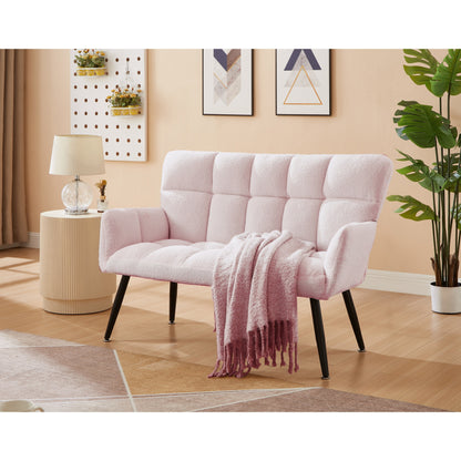 Canapé causeuse Teddy rose 52 avec dossiers matelassés et cadre en bois dur pour le salon.