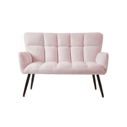Canapé causeuse Teddy rose 52 avec dossiers matelassés et cadre en bois dur pour le salon.