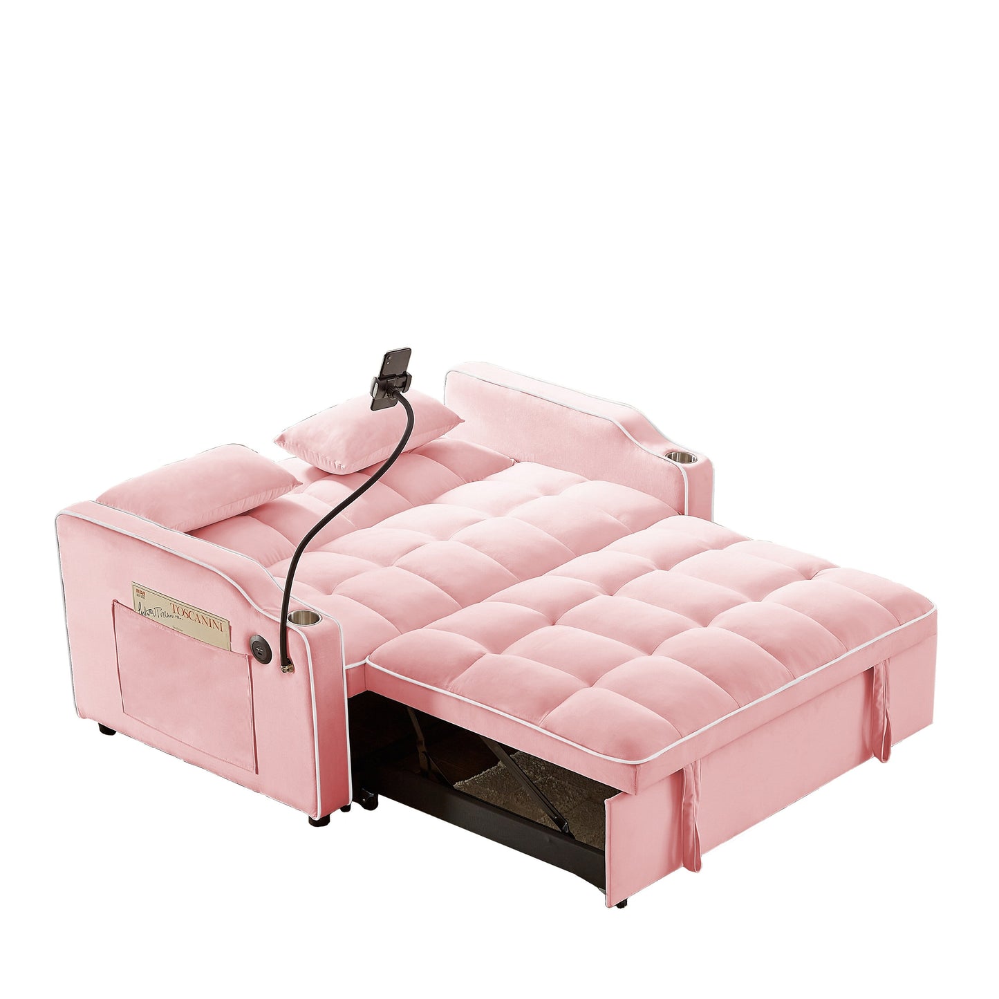 Canapé convertible en velours rose 54,7 avec ports USB et support pour téléphone