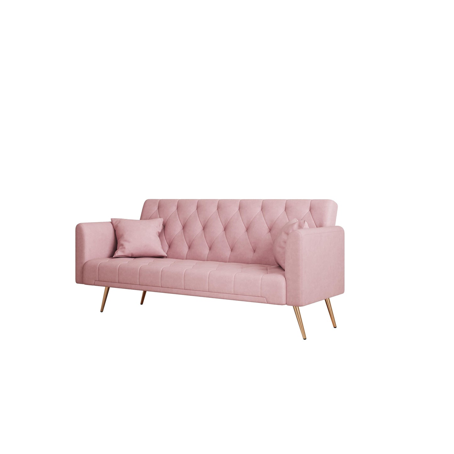 Canapé-lit convertible 3 places en velours rose 71 avec deux coussins décoratifs et pieds en métal pour le salon