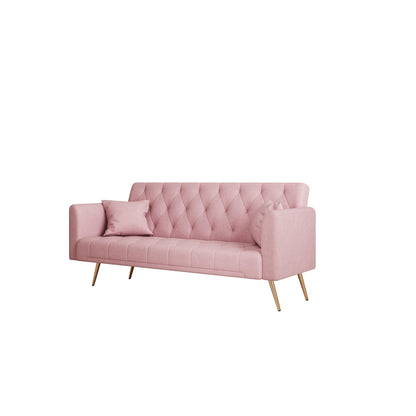 Canapé-lit convertible 3 places en velours rose 71 avec deux coussins décoratifs et pieds en métal pour le salon
