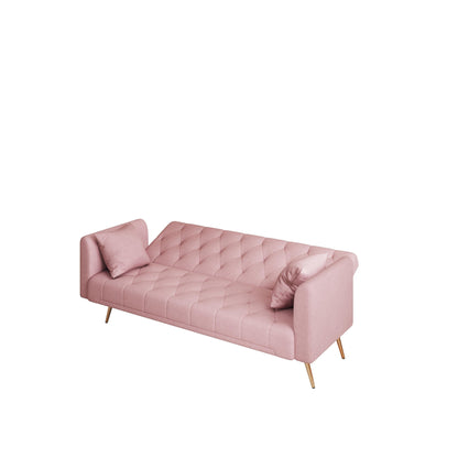 Canapé-lit convertible 3 places en velours rose 71 avec deux coussins décoratifs et pieds en métal pour le salon