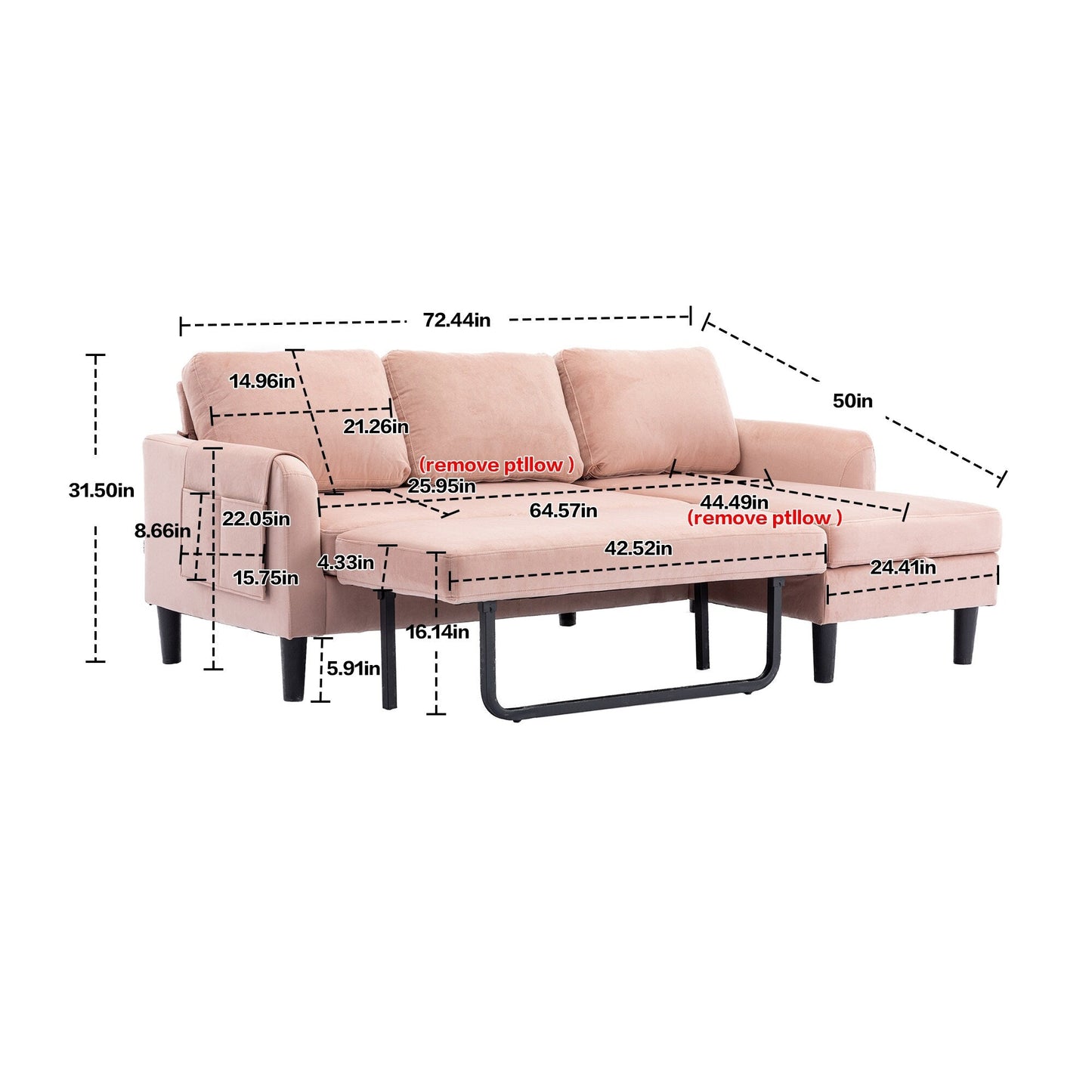 Canapé sectionnel rose en polyester 72,4 avec lit gigogne, méridienne de rangement et 3 coussins décoratifs