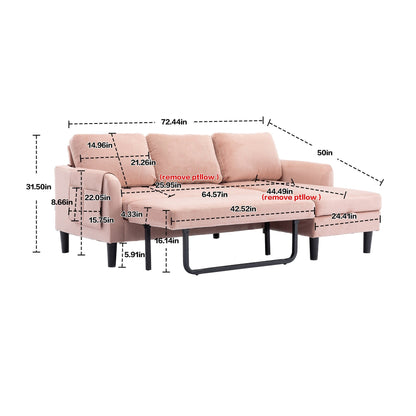 Canapé sectionnel rose en polyester 72,4 avec lit gigogne, méridienne de rangement et 3 coussins décoratifs
