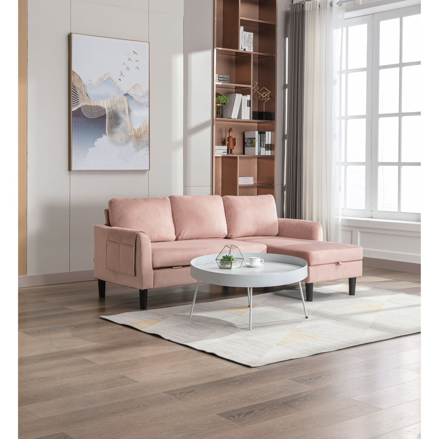 Canapé sectionnel 3 places rose en polyester de 72,4 po avec lit gigogne et méridienne de rangement