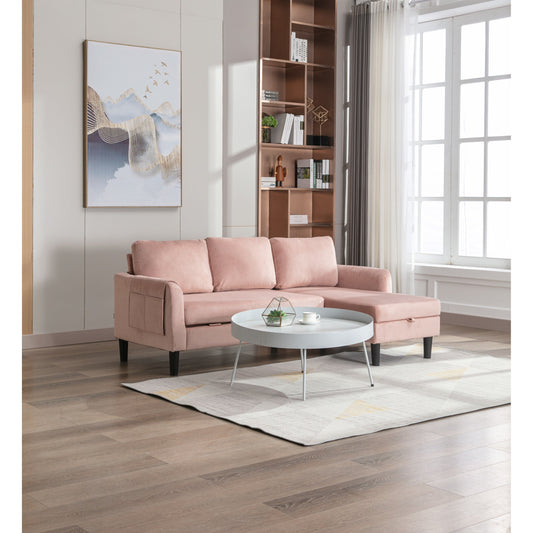 Canapé sectionnel 3 places rose en polyester de 72,4 pouces avec lit gigogne, méridienne de rangement et 3 coussins décoratifs