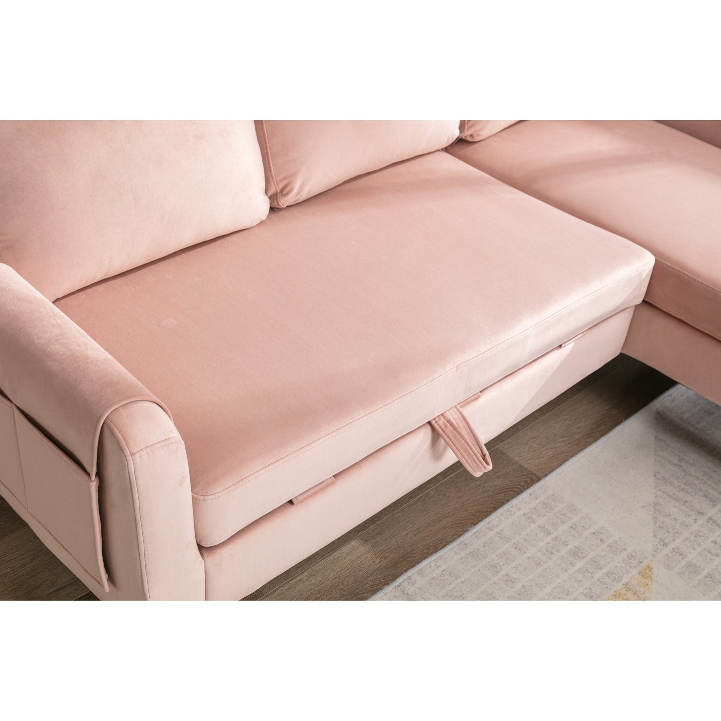 Canapé sectionnel 3 places rose en polyester de 72,4 pouces avec lit gigogne, méridienne de rangement et 3 coussins décoratifs