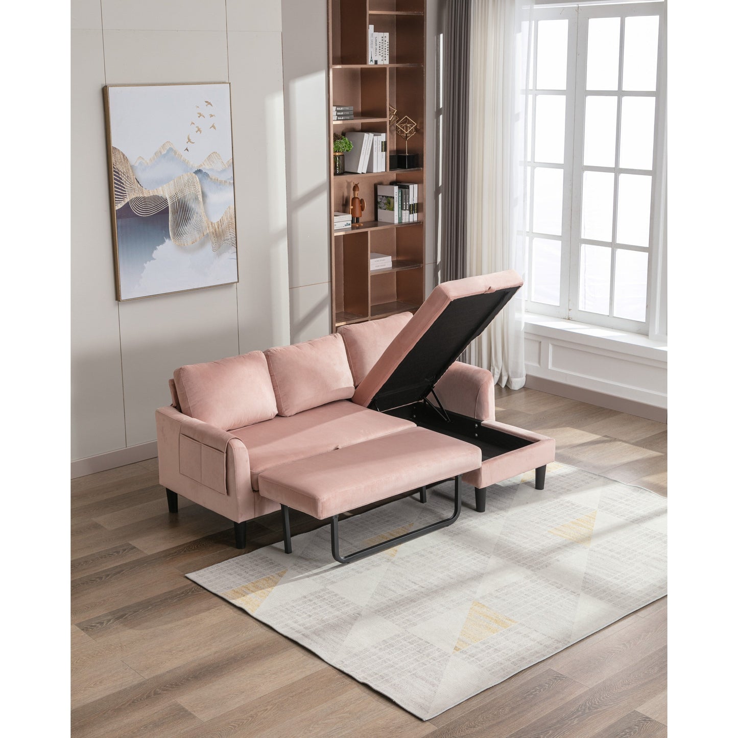 Canapé sectionnel 3 places rose en polyester de 72,4 pouces avec lit gigogne, méridienne de rangement et 3 coussins décoratifs
