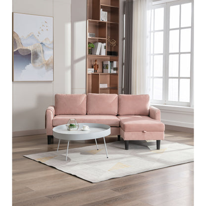 Canapé sectionnel 3 places rose en polyester de 72,4 pouces avec lit gigogne, méridienne de rangement et 3 coussins décoratifs