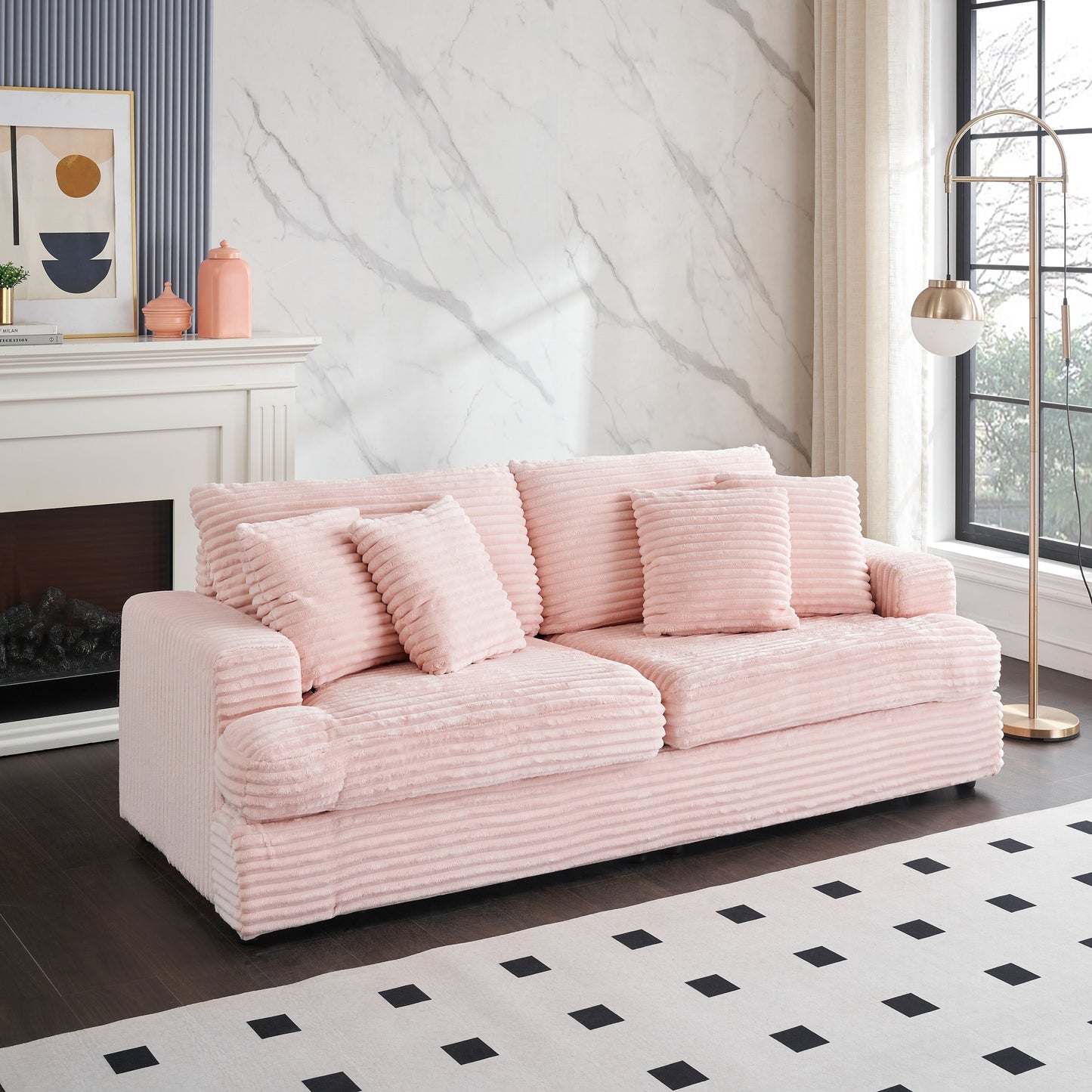 Canapé 3 places en velours côtelé rose 79.3 avec 4 coussins décoratifs et coussin à ressorts