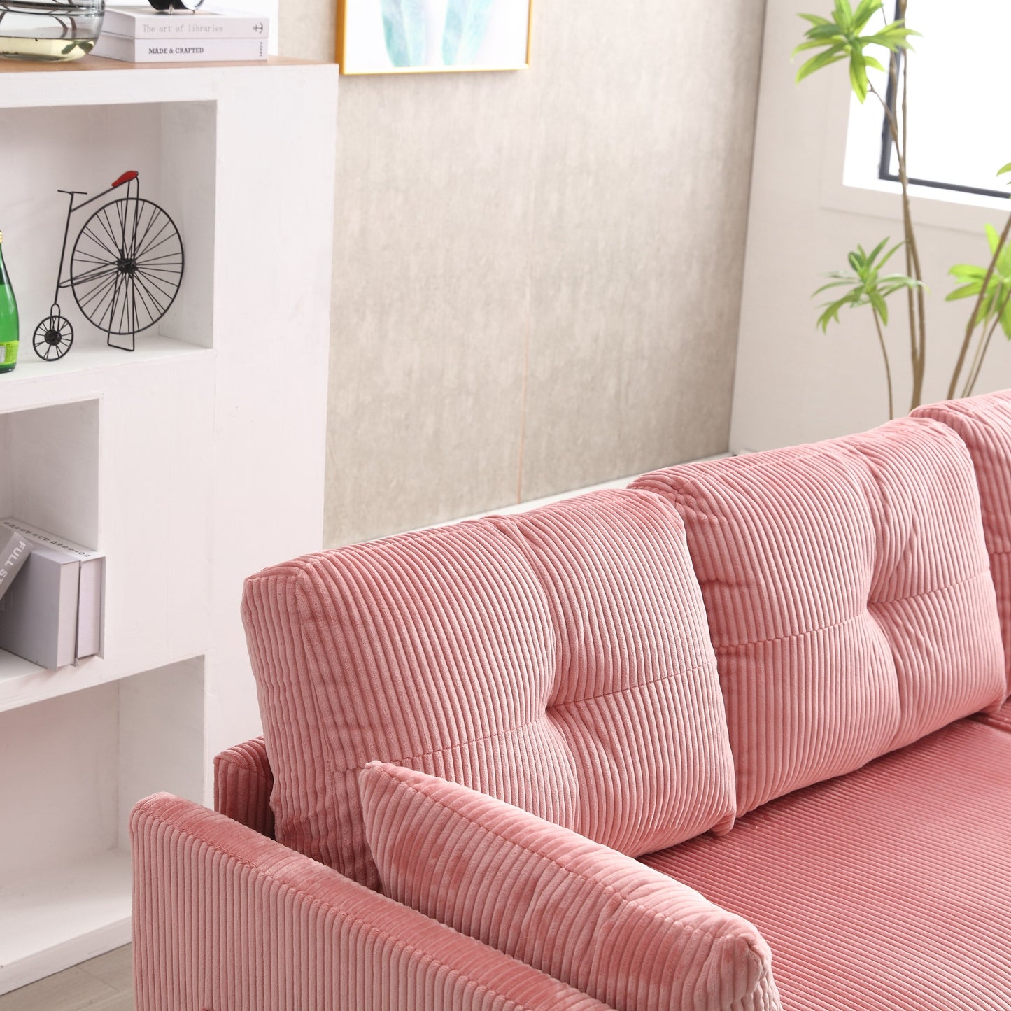 Canapé en L en tissu rose 81.1 avec méridienne réversible, rangement et structure en bois massif