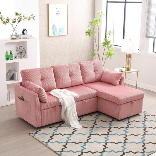 Canapé en L en tissu rose 81.1 avec méridienne réversible, rangement et structure en bois massif