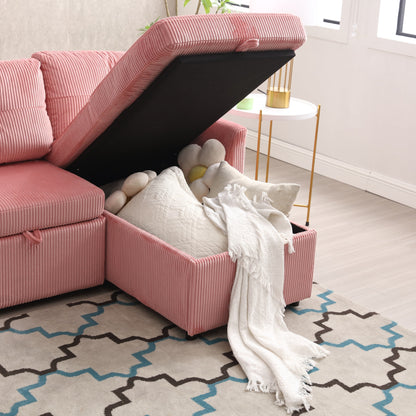 Canapé en L en tissu rose 81.1 avec méridienne réversible, rangement et structure en bois massif