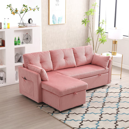 Canapé en L en tissu rose 81.1 avec méridienne réversible, rangement et structure en bois massif