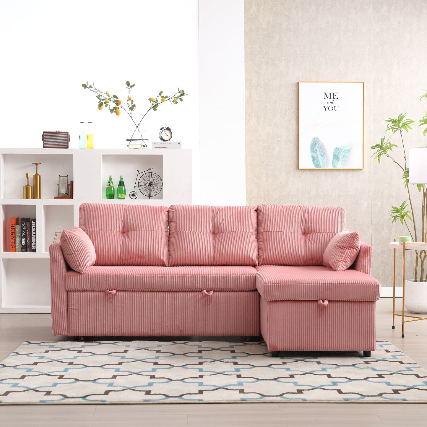 Canapé en L en tissu rose 81.1 avec méridienne réversible, rangement et structure en bois massif