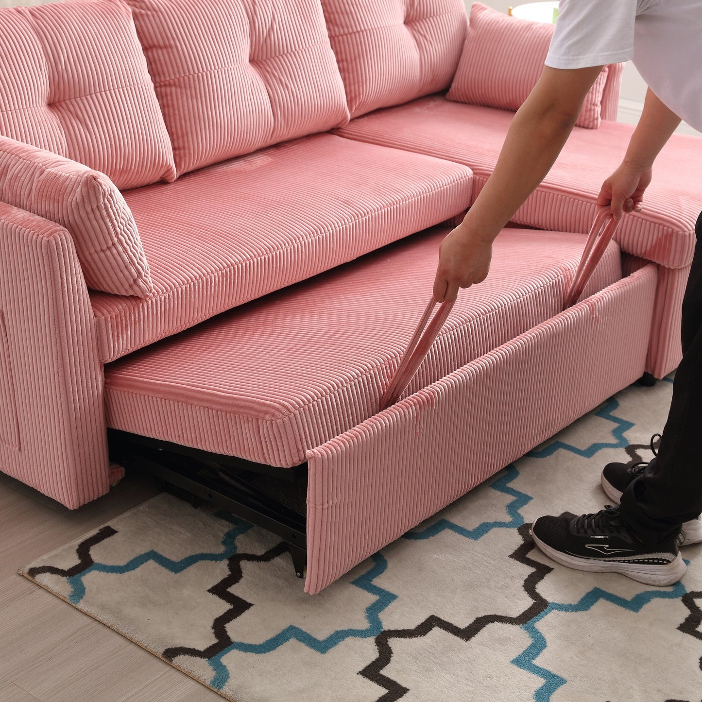Canapé en L en tissu rose 81.1 avec méridienne réversible, rangement et structure en bois massif