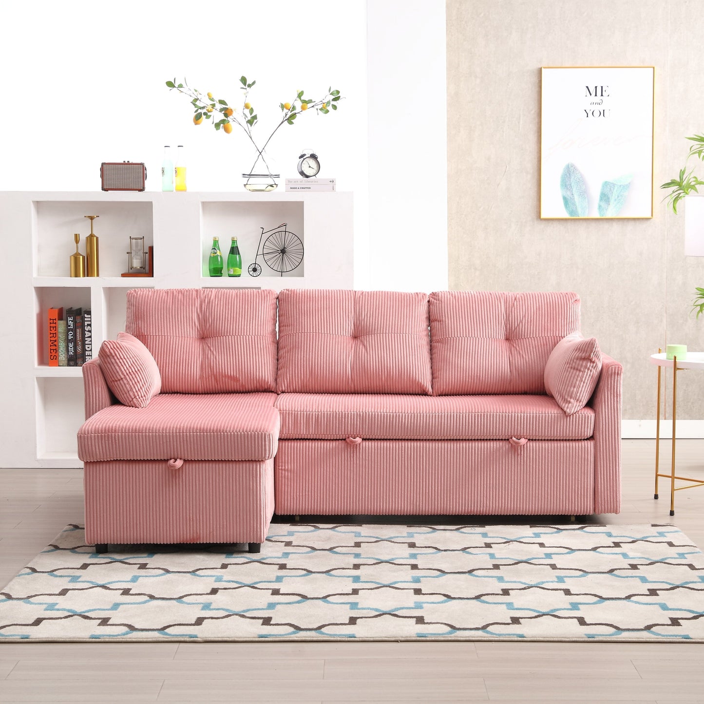 Canapé en L en tissu rose 81.1 avec méridienne réversible, rangement et structure en bois massif