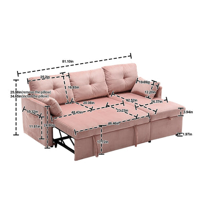 Canapé 3 places en L en velours côtelé rose de 206 cm, avec méridienne réversible, rangements et structure en bois massif