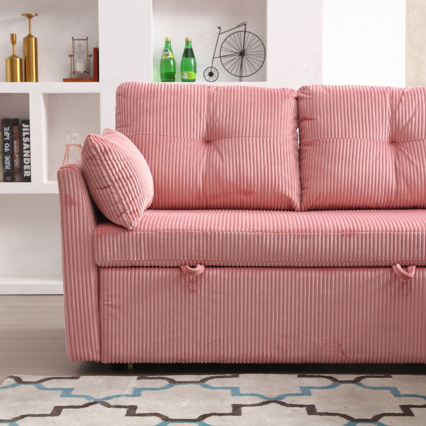 Canapé en tissu rose en forme de L de 81,1 pouces avec méridienne réversible, rangement, structure en bois massif et assise en mousse