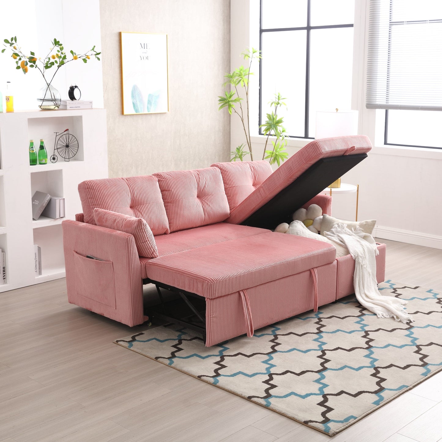 Canapé en tissu rose en forme de L de 81,1 pouces avec méridienne réversible, rangement, structure en bois massif et assise en mousse