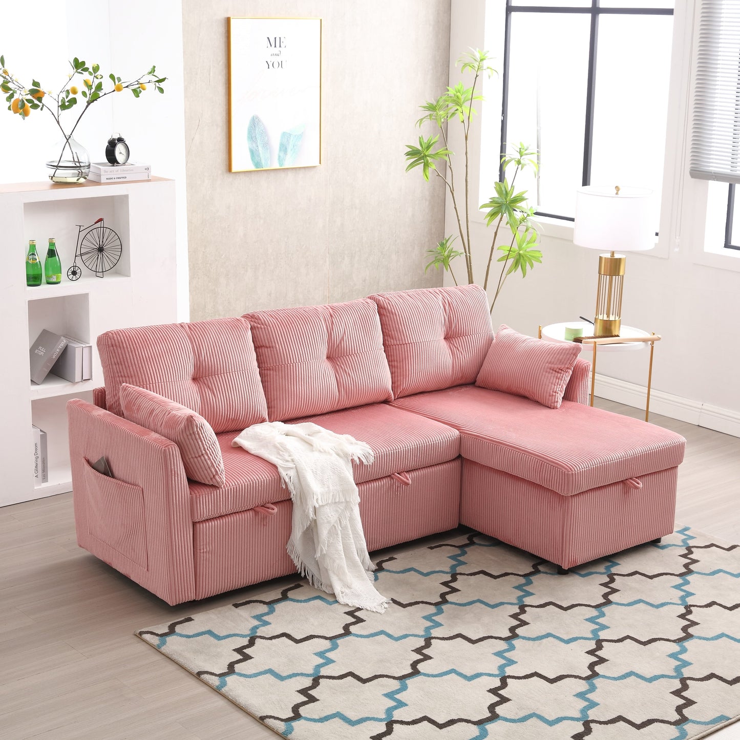 Canapé en tissu rose en forme de L de 206 cm : méridienne réversible, rangement, structure en bois massif et assise en mousse