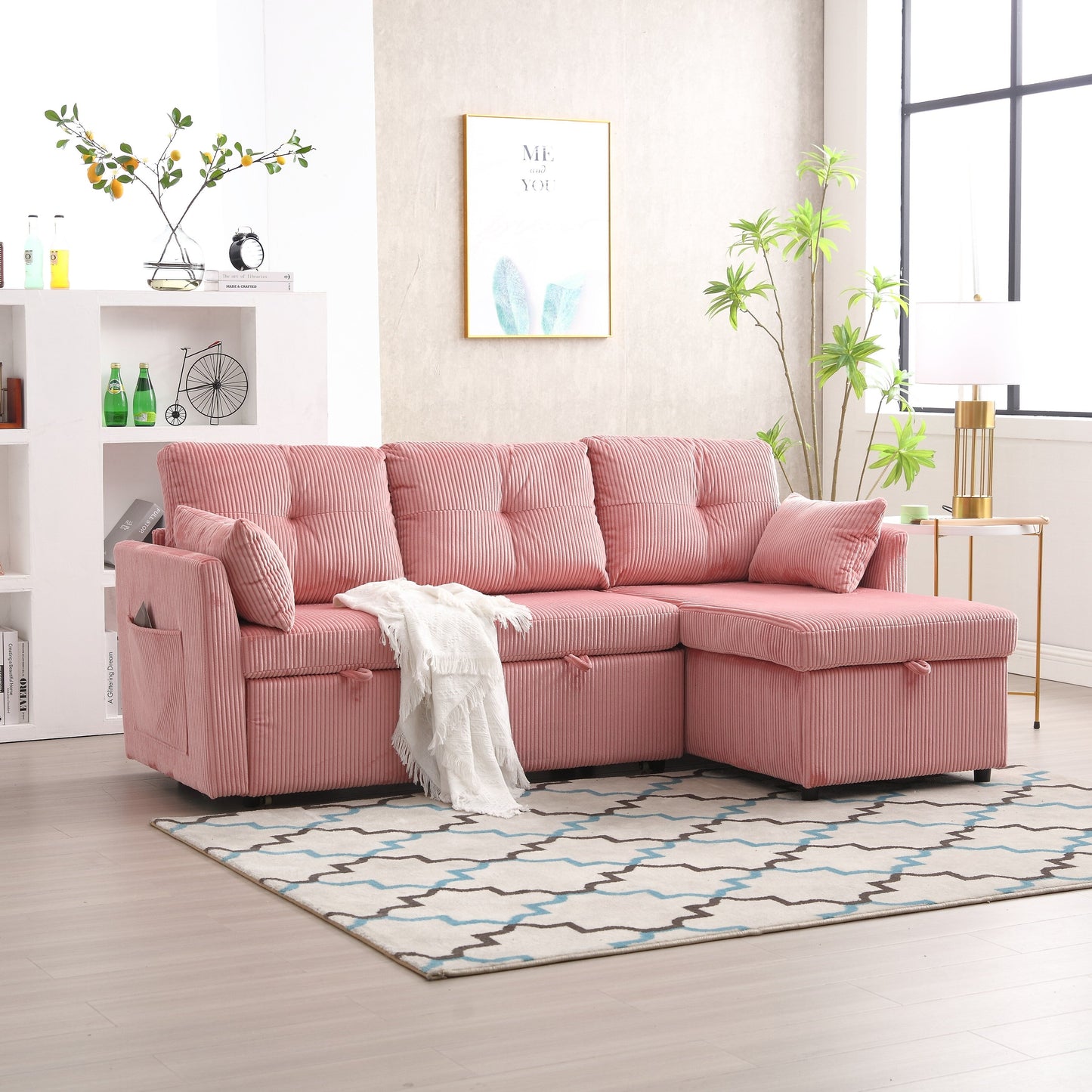 Canapé en tissu rose en forme de L de 206 cm : méridienne réversible, rangement, structure en bois massif et assise en mousse