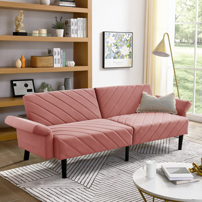 Canapé-lit futon convertible capitonné en velours rose 87 avec accoudoirs réglables pour le salon