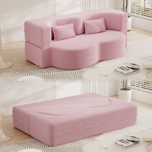 Canapé-lit convertible en tissu Teddy rose