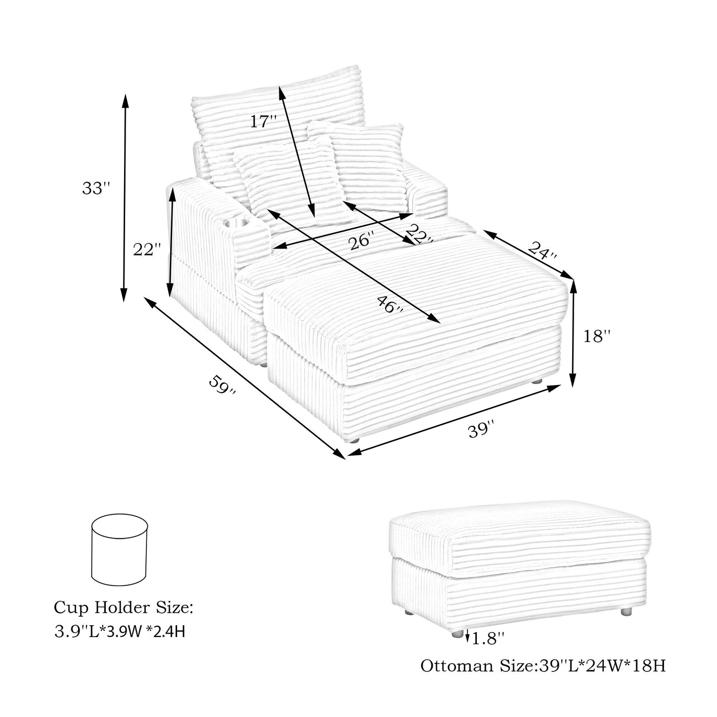 Fauteuil-canapé en velours côtelé rose avec pouf et porte-gobelet