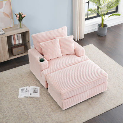 Fauteuil-canapé en velours côtelé rose avec pouf et porte-gobelet