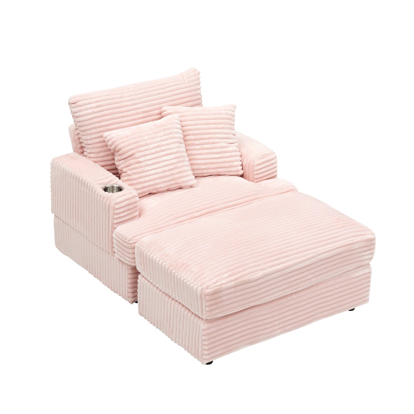 Fauteuil-canapé en velours côtelé rose avec pouf et porte-gobelet