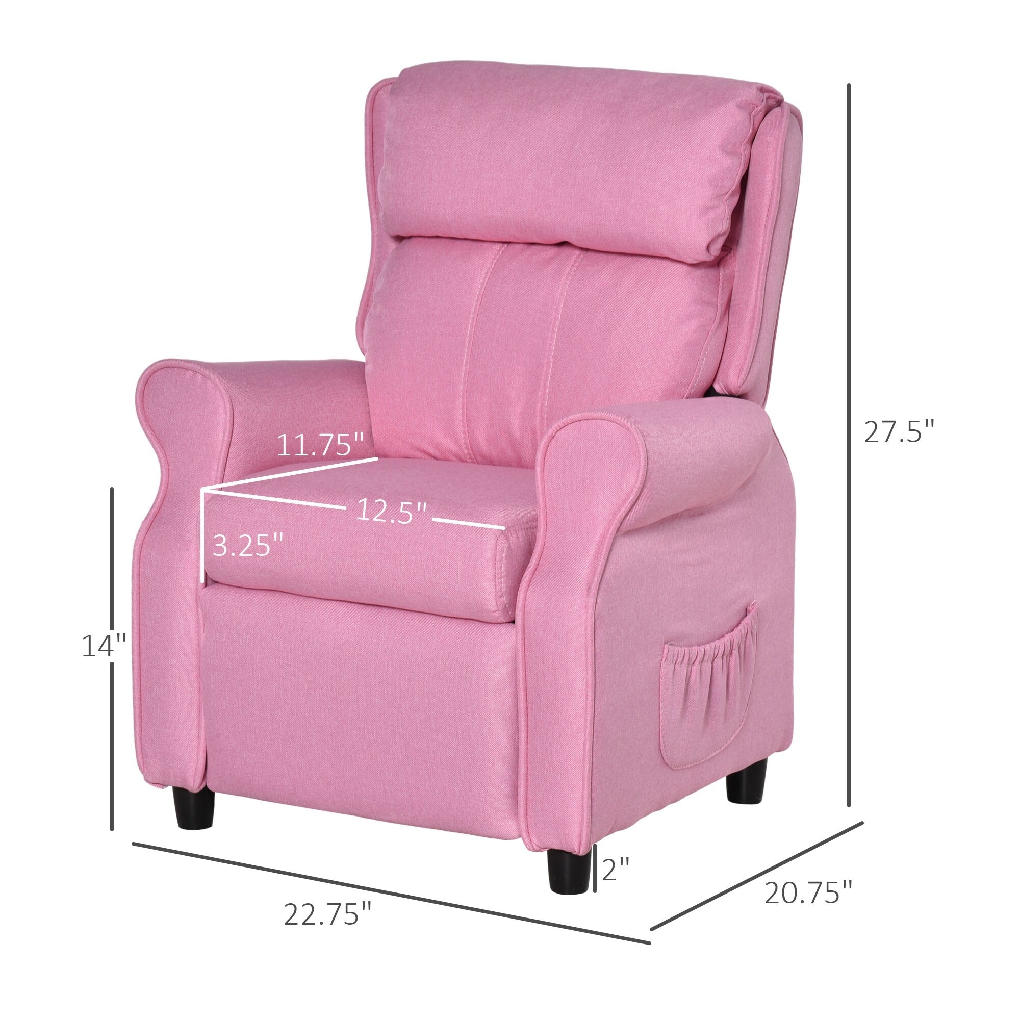 Fauteuil inclinable manuel rembourré pour enfants de 3 à 5 ans avec repose-pieds et 2 poches latérales