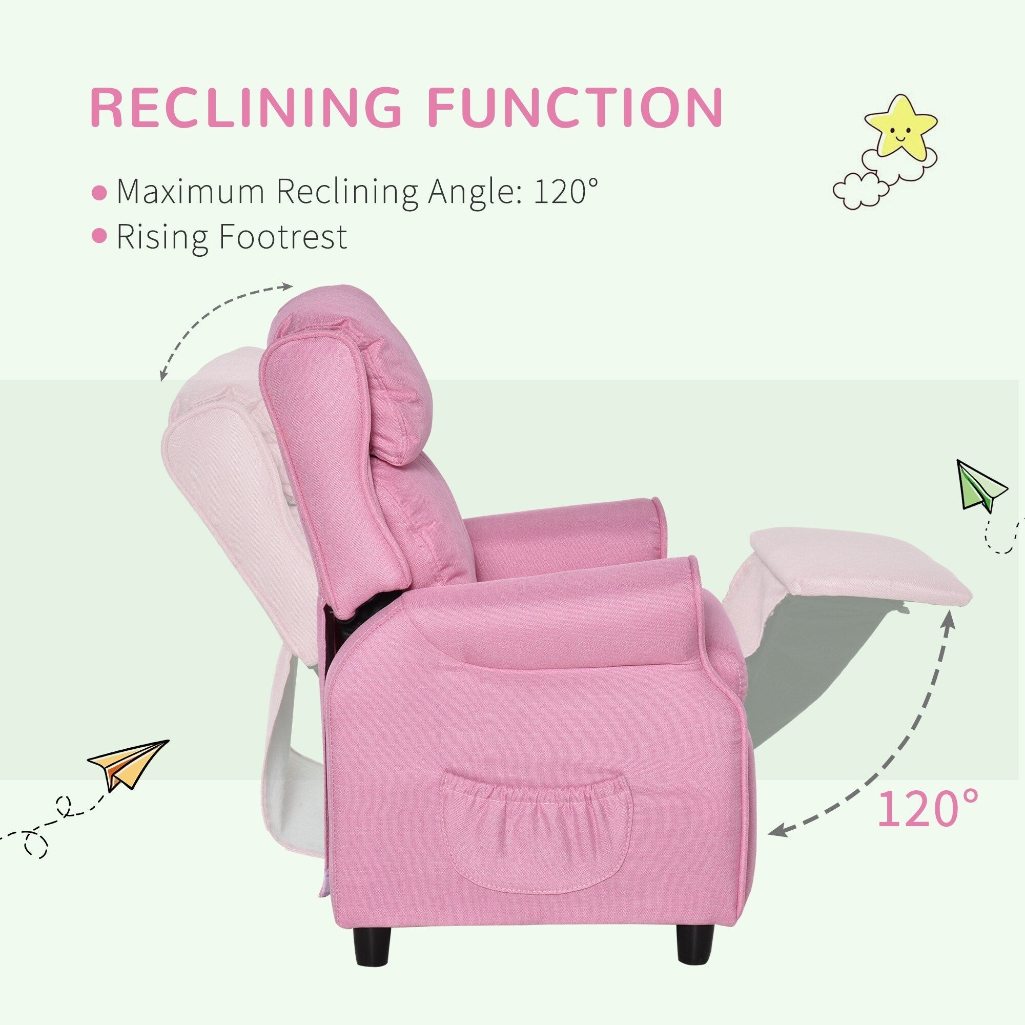 Fauteuil inclinable manuel rembourré pour enfants de 3 à 5 ans avec repose-pieds et 2 poches latérales