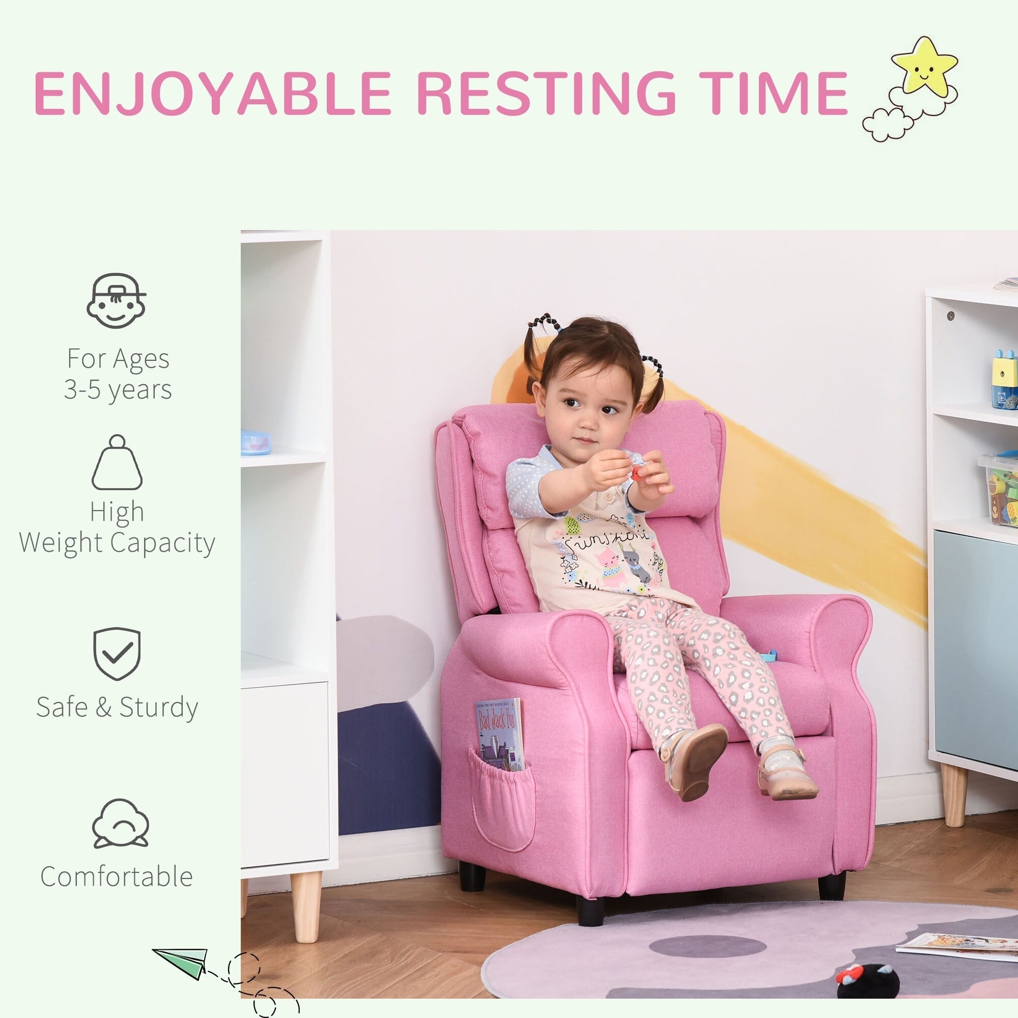 Fauteuil inclinable manuel rembourré pour enfants de 3 à 5 ans avec repose-pieds et 2 poches latérales