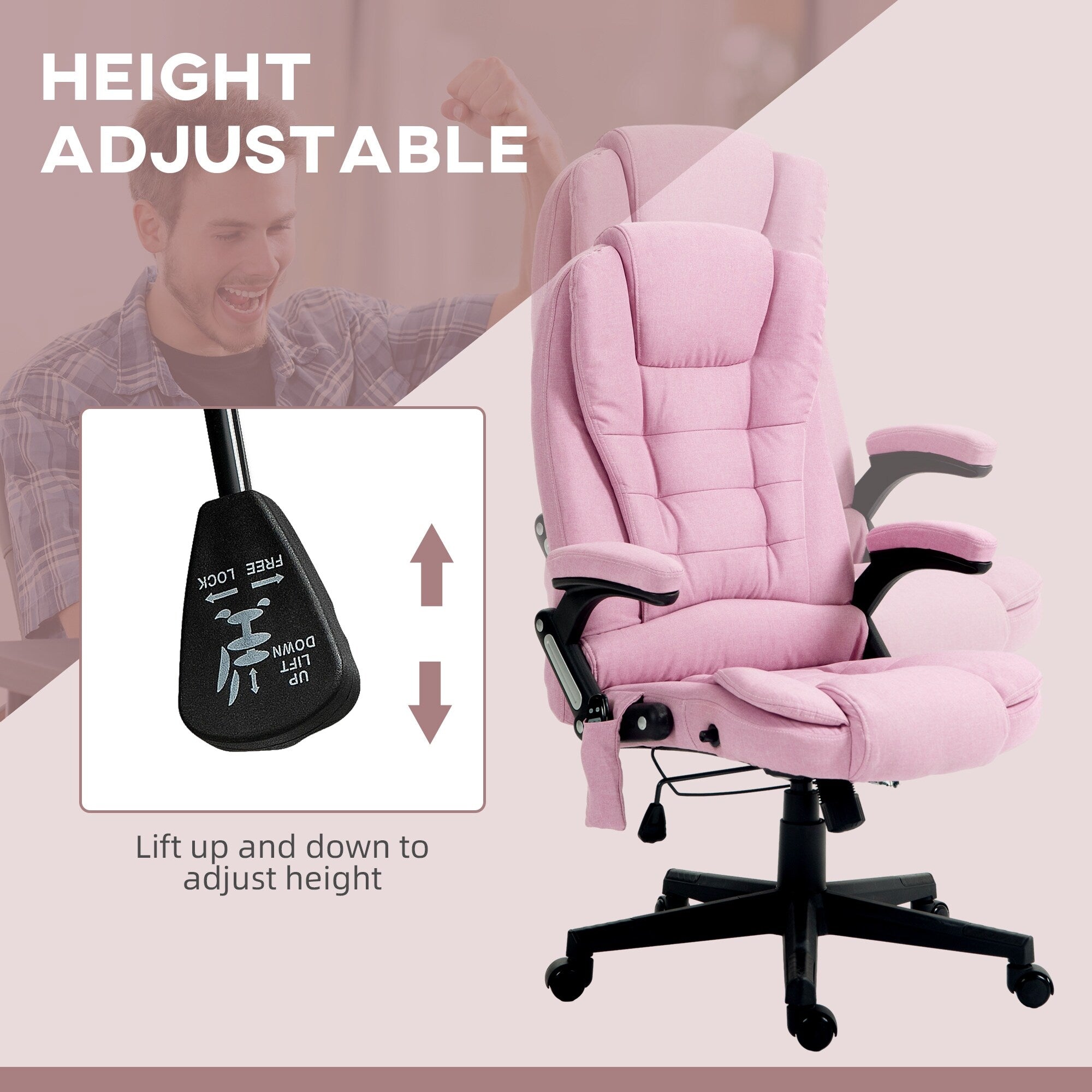 Fauteuil de bureau inclinable pivotant à 360° en lin rose avec massage par vibrations, chauffage lombaire et hauteur réglable
