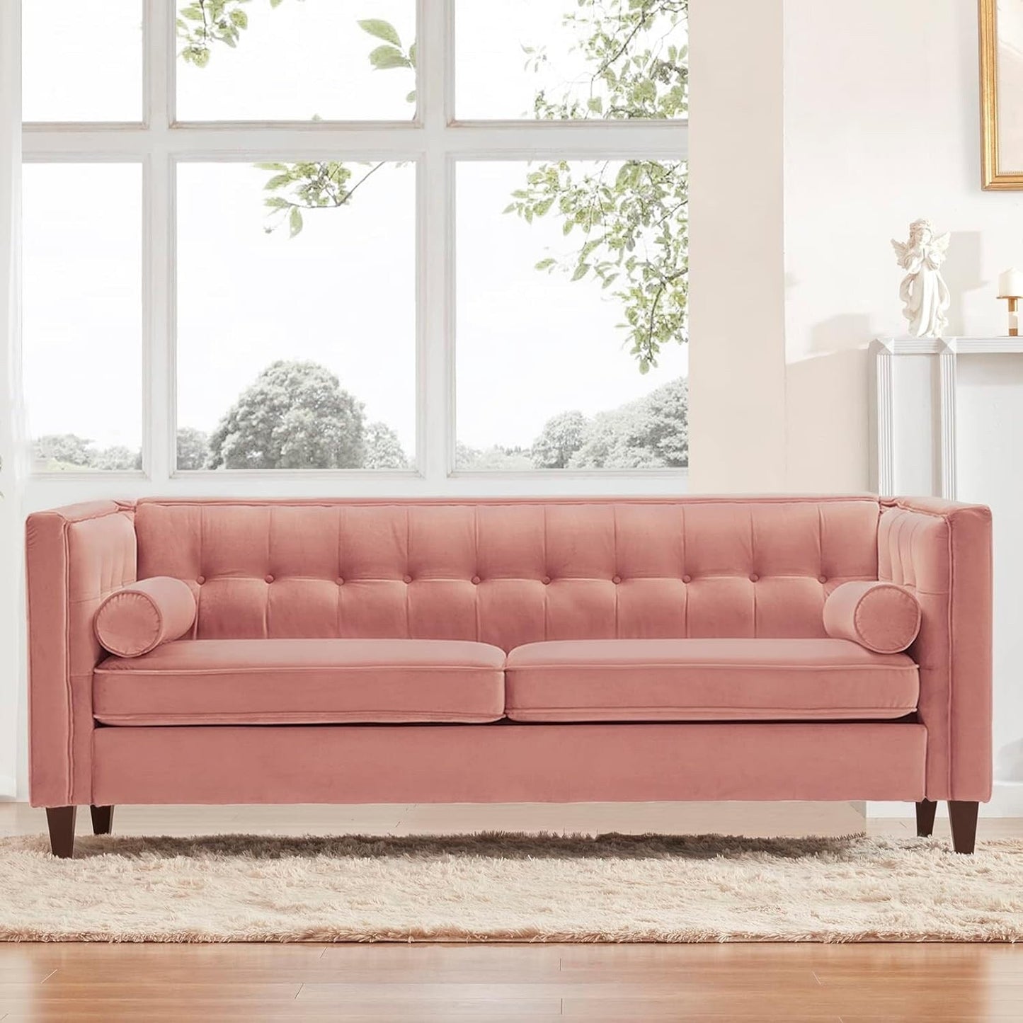 Canapé capitonné en velours rose de style Mid-Century Modern de 78 pouces avec coussins traversins et pieds en bois pour le salon
