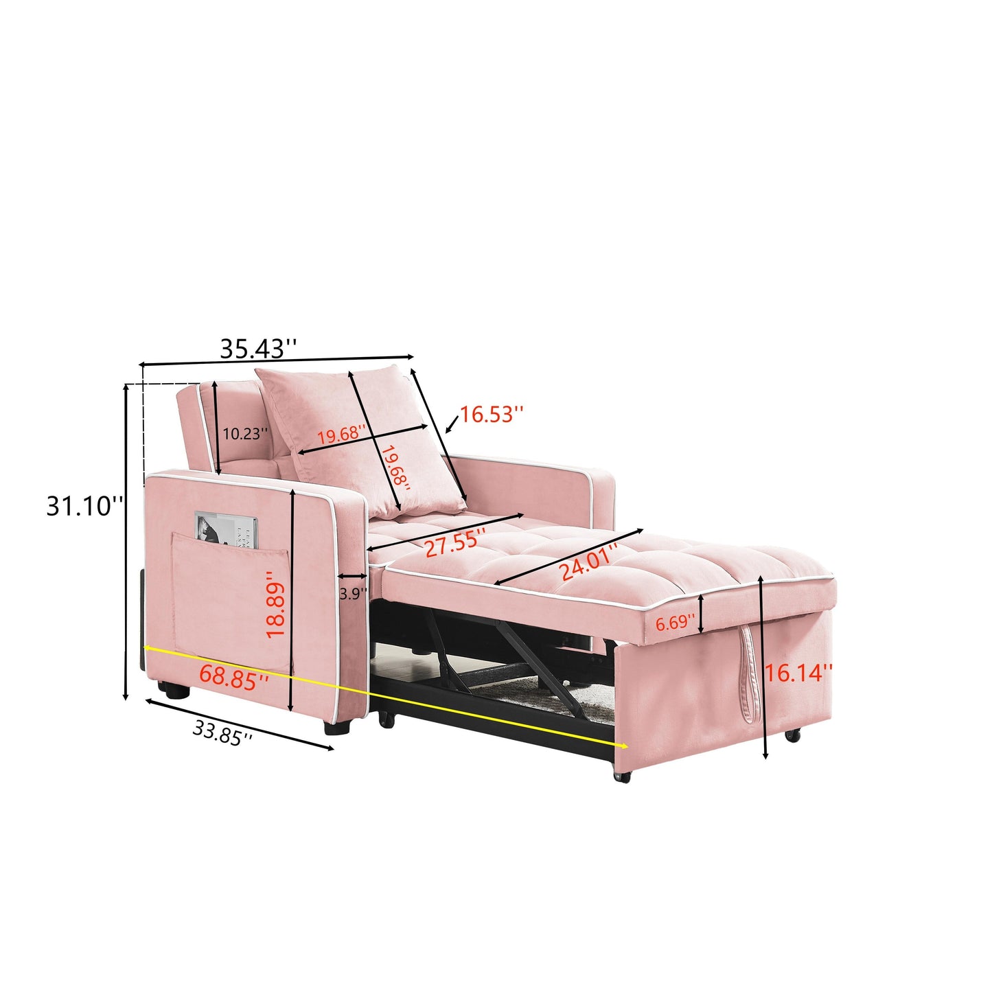 Canapé-lit simple 3 en 1 en velours rose moderne 35,43 cm avec dossier réglable et poche pour le salon