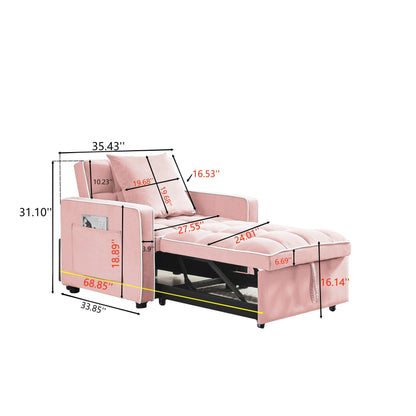 Canapé-lit simple 3 en 1 en velours rose moderne 35,43 cm avec dossier réglable et poche pour le salon